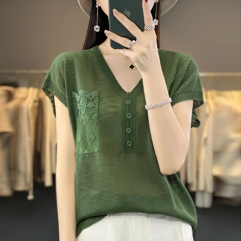V领针织短袖女夏季薄款竹节麻绣花口袋针织衫8335宽松上衣