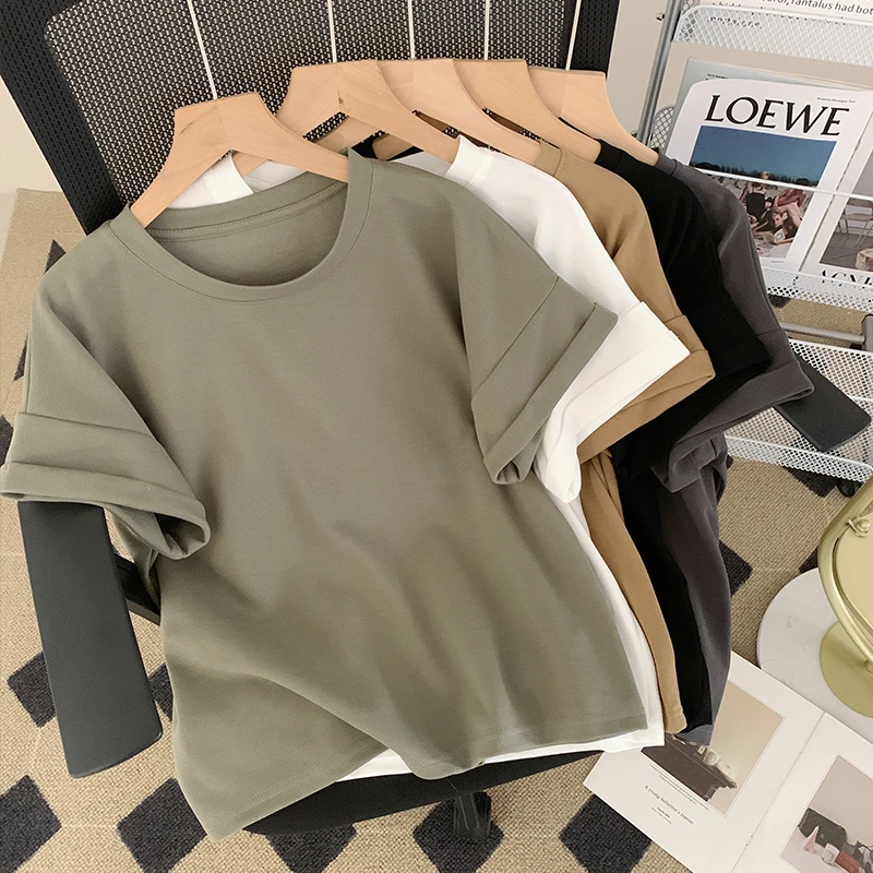 大码小飞袖正肩短袖t恤女遮肚子显瘦圆领上衣小个子微胖衣服休闲