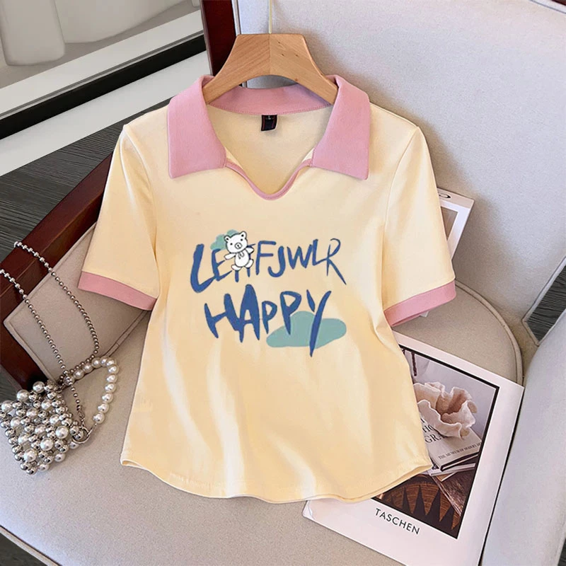 大码翻领短袖t恤女夏季遮肚子显瘦休闲Polo领上衣韩版洋气设计感