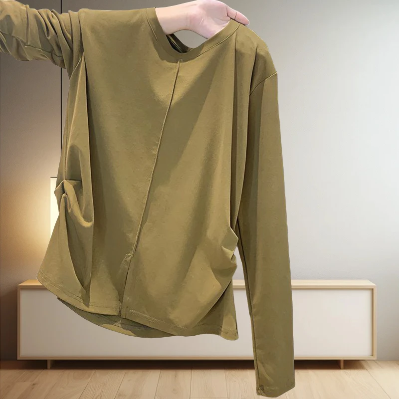 大码小众时尚正肩纯色开叉下摆长袖t恤女秋季百搭遮肚减龄ins上衣