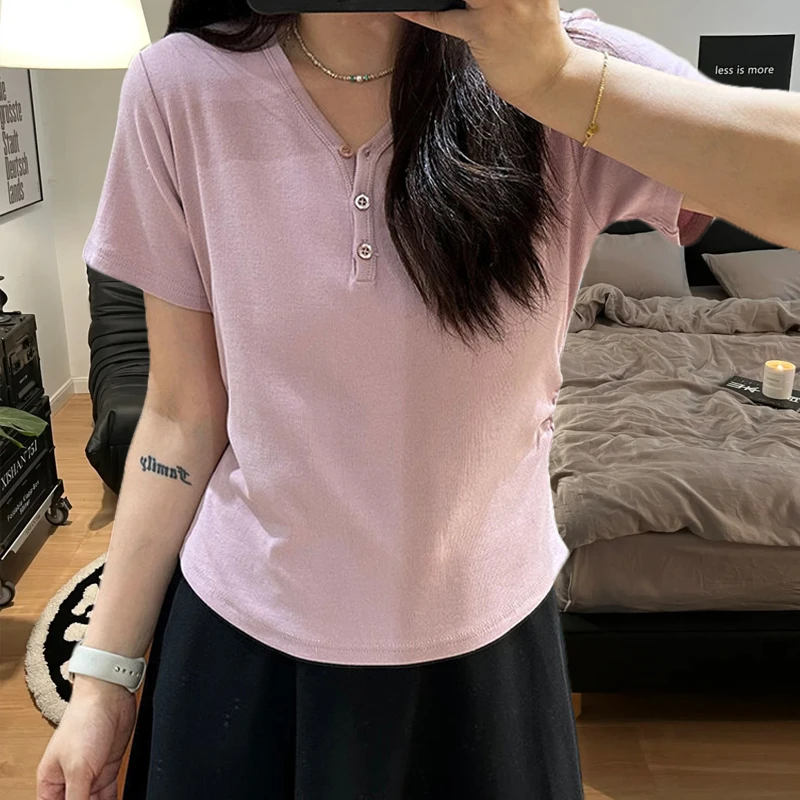 大码设计感v领正肩短袖t恤女夏季收腰宽松遮肚显瘦不规则上衣