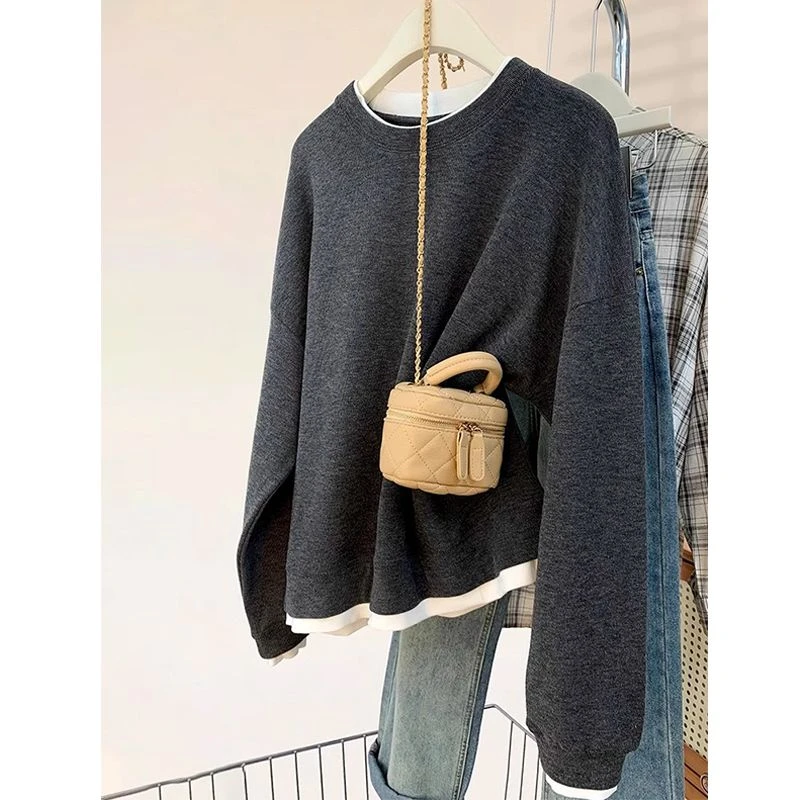 大码秋冬季新款韩版慵懒风假两件圆领卫衣女休闲宽松时尚外穿上衣