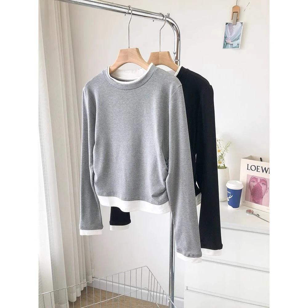 大码拼接撞色假两件长袖T恤女秋季正肩褶皱设计感收腰显瘦气质ins