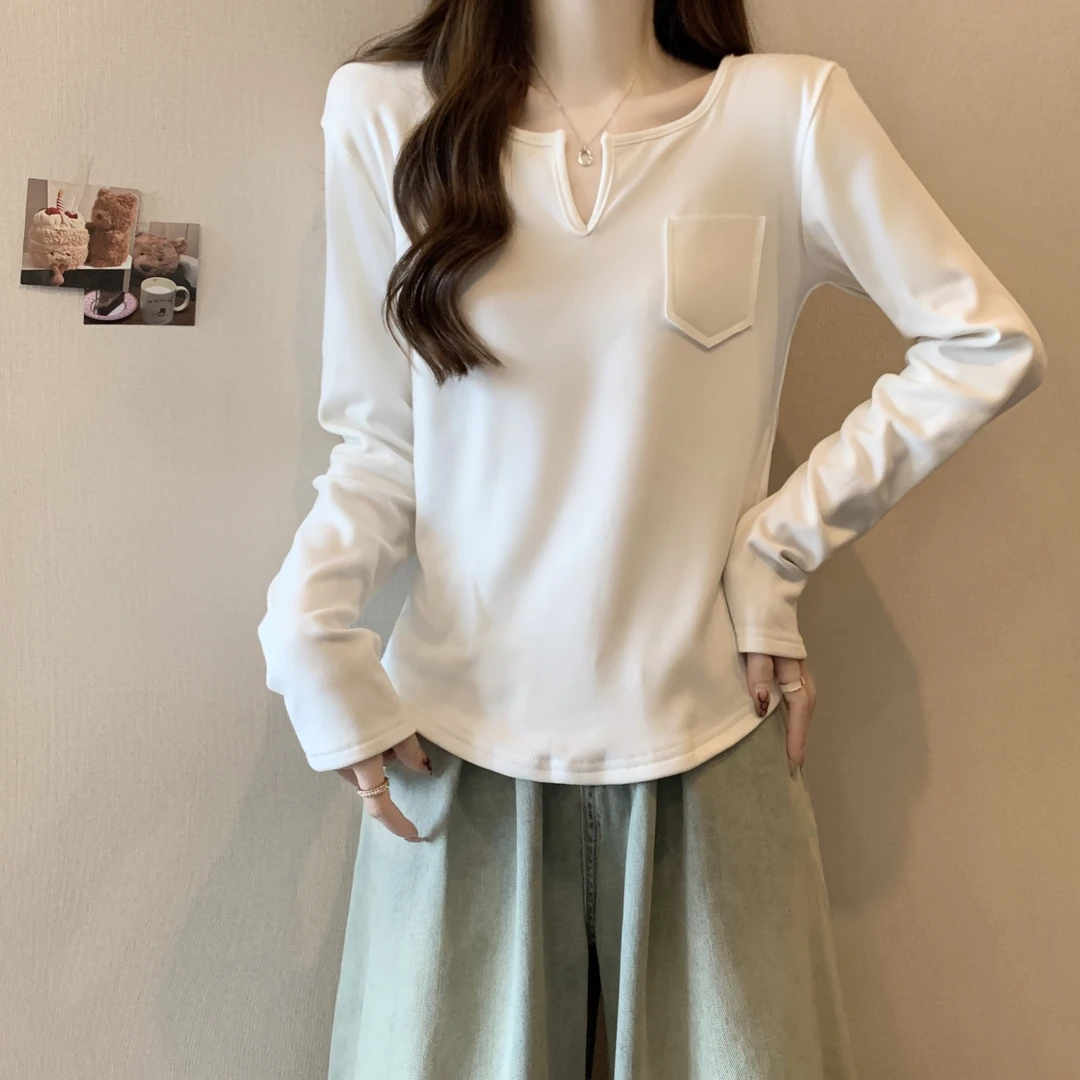 大码宽松正肩百搭V领上衣女生秋季显瘦遮肚子减龄长袖t恤打底衫潮