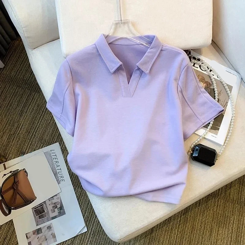 大码短袖t恤女款夏季新款体恤休闲百搭宽松Polo领上衣显瘦洋气ins