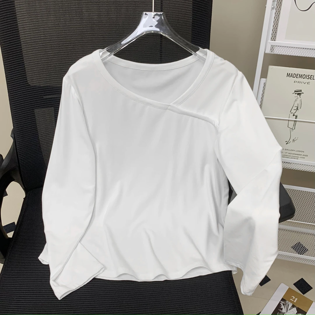 大码秋季显瘦不规则内搭打底长袖t恤女胖mm斜领上衣时尚休闲百搭