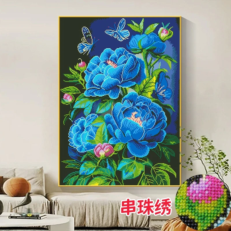 【彩珠绣】满绣珠绣十字绣全珠子绣 蓝色妖姬串珠绣54*70cm格子套件