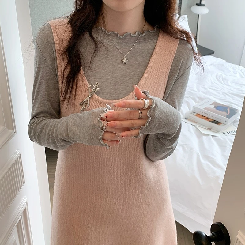 打底衫女内搭秋冬薄款2025年新款长袖女纯色设计感小众木耳边上衣