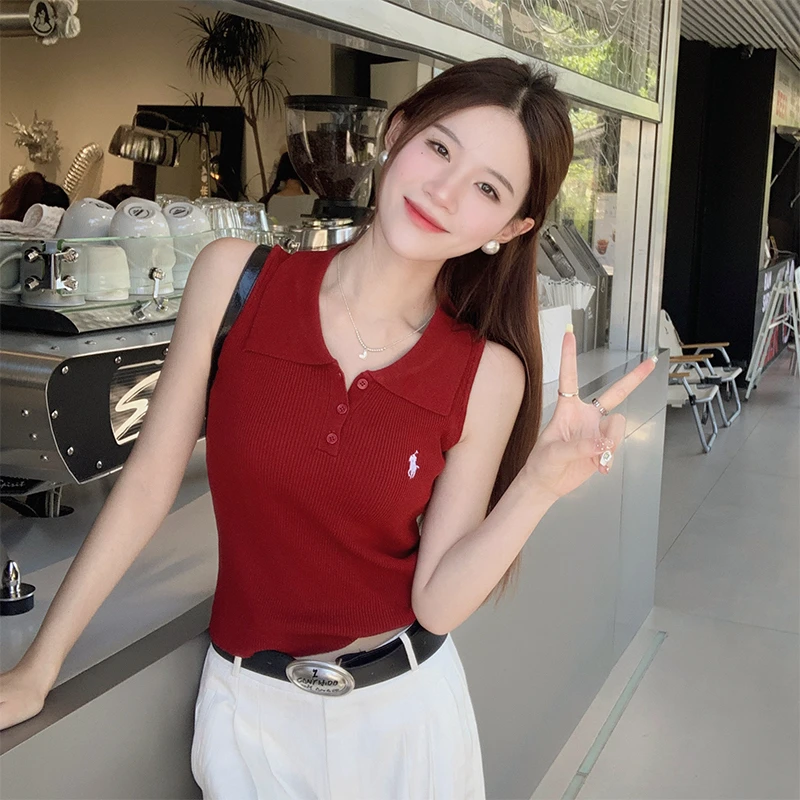 百搭无袖针织背心女2025新款潮外穿吊带设计感美式复古polo领上衣