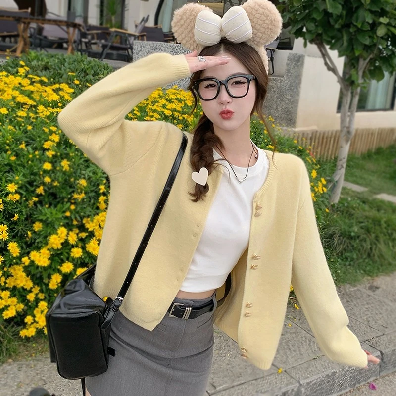 百搭小香风针织开衫女2025新款纯色春秋外穿黄色外套毛衣秋冬上衣