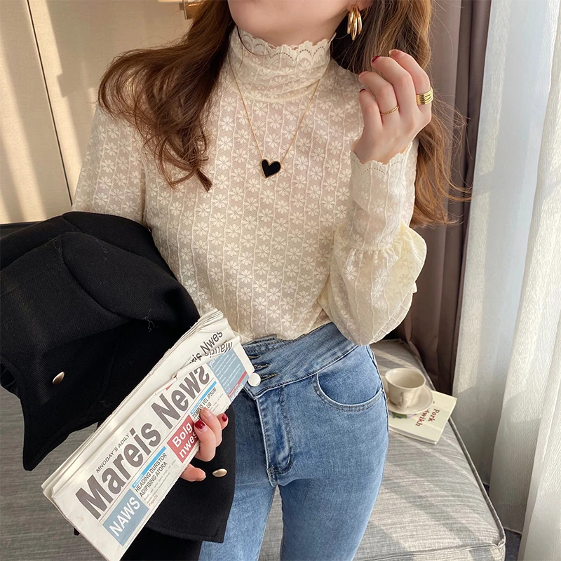 白色蕾丝打底衫女春季早秋秋冬木耳边半高领上衣长袖花边洋气小衫