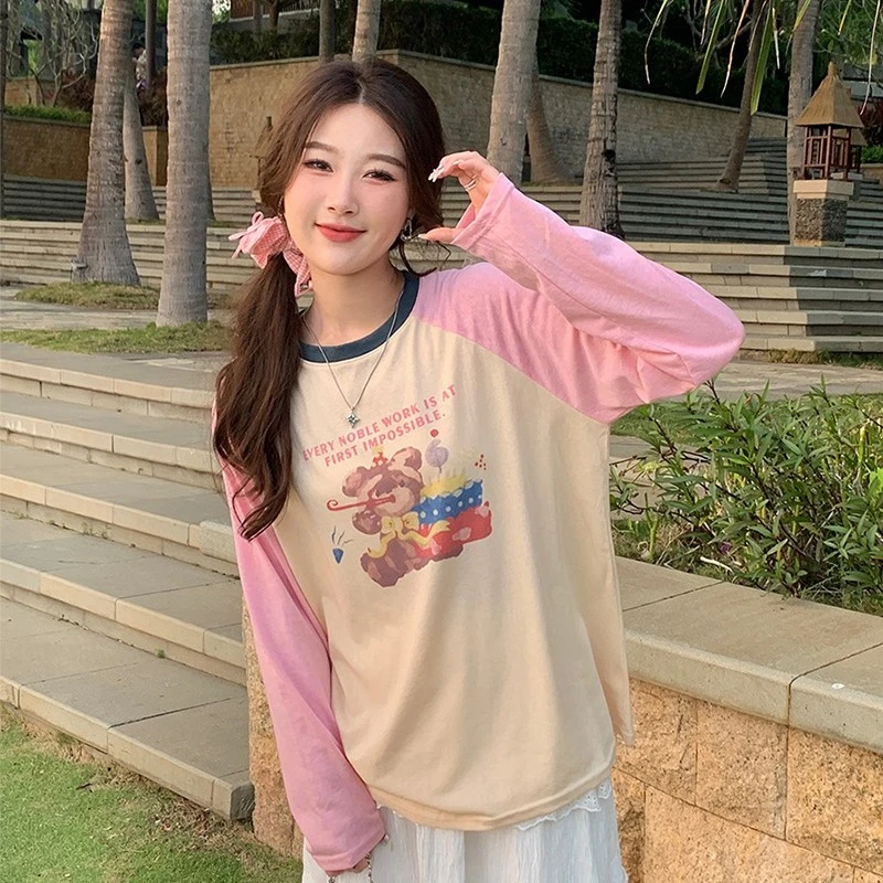 网红爆款印花圆领棉麻早秋薄款上衣ins女装长袖薄款宽松外穿T恤