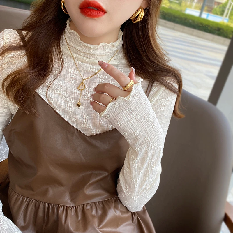半高领蕾丝打底衫女白色长袖新款秋冬内搭上衣木耳边春秋百搭小衫