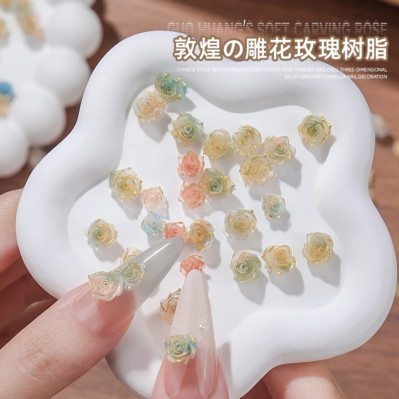 国风新款敦煌软雕玫瑰花成品美甲钻立体浮雕渐变山茶花指甲装饰品
