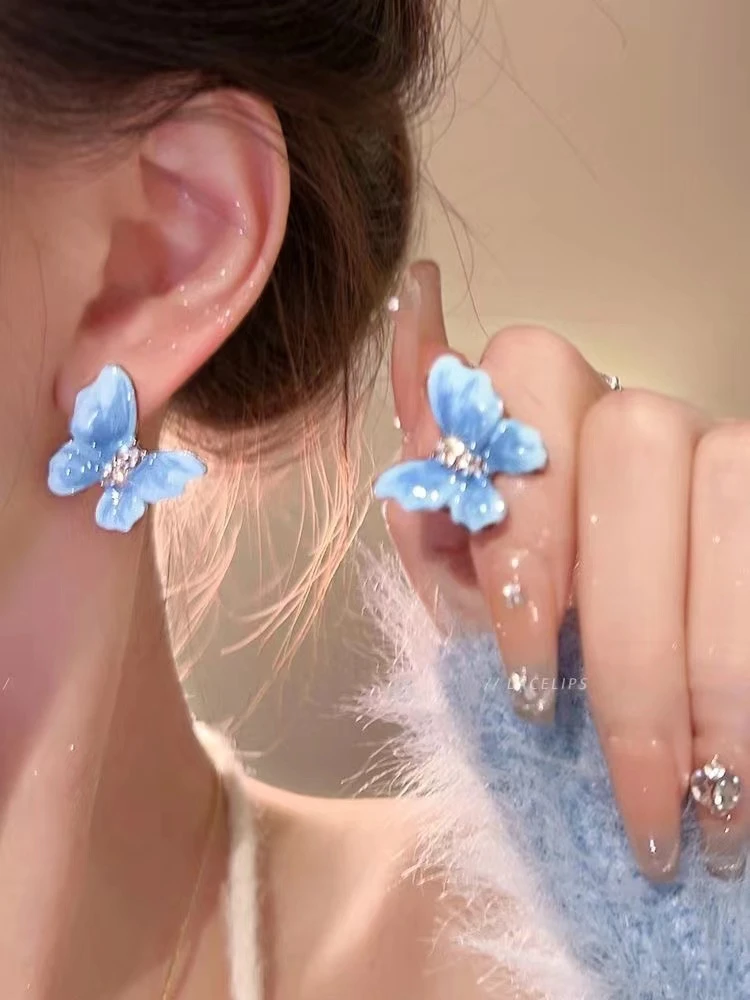 铜合金耳饰 925银针7181《羽翼》超仙油画滴釉蝴蝶锆石小众耳钉