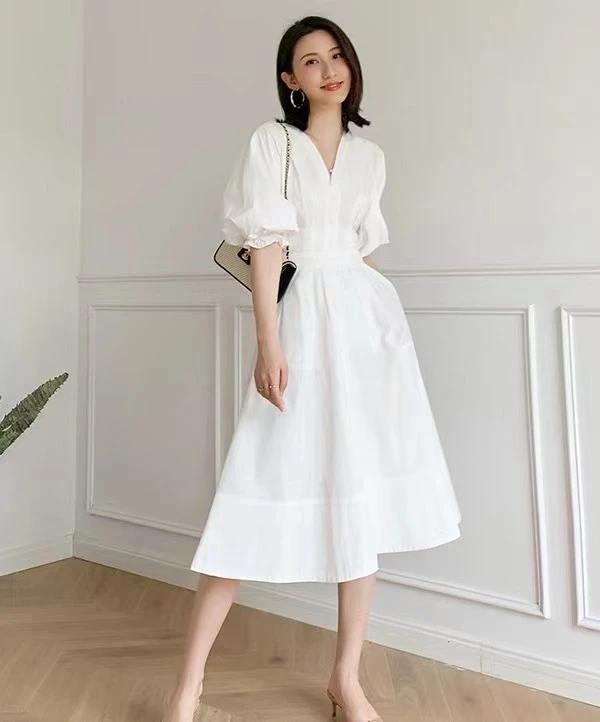 50件一车[351-400]连衣裙女夏ｖ领泡泡袖时尚新款显瘦气质长裙