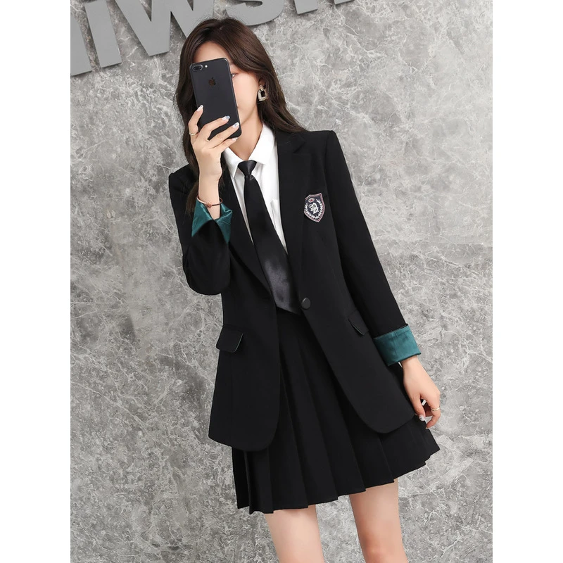 jk小西装外套女新款休闲韩版英伦风黑色学生西服百褶裙套装制服