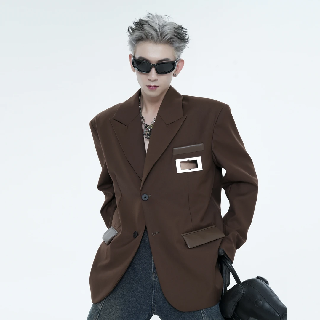 拼接皮西服外套男高级感