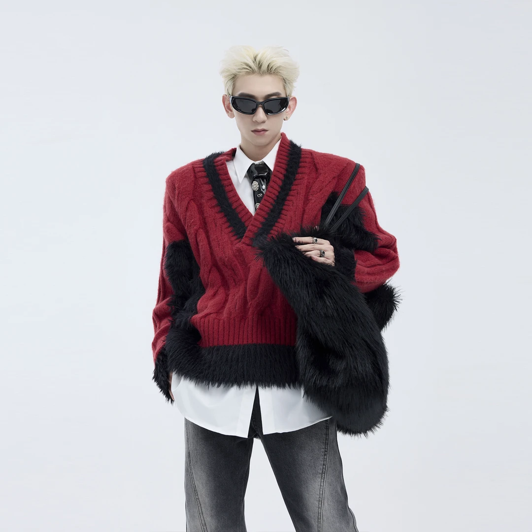 V领毛衣男慵懒风 秋冬美式复古拼接毛线衣男生撞色宽松提花针织衫