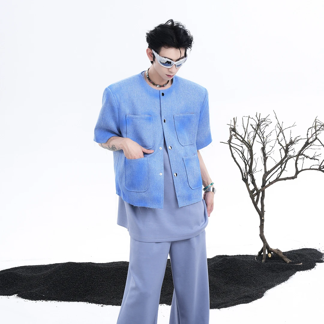 STARTEXCEEDEND小香风轻奢高级感垫肩短袖夹克外套男无领半袖时尚