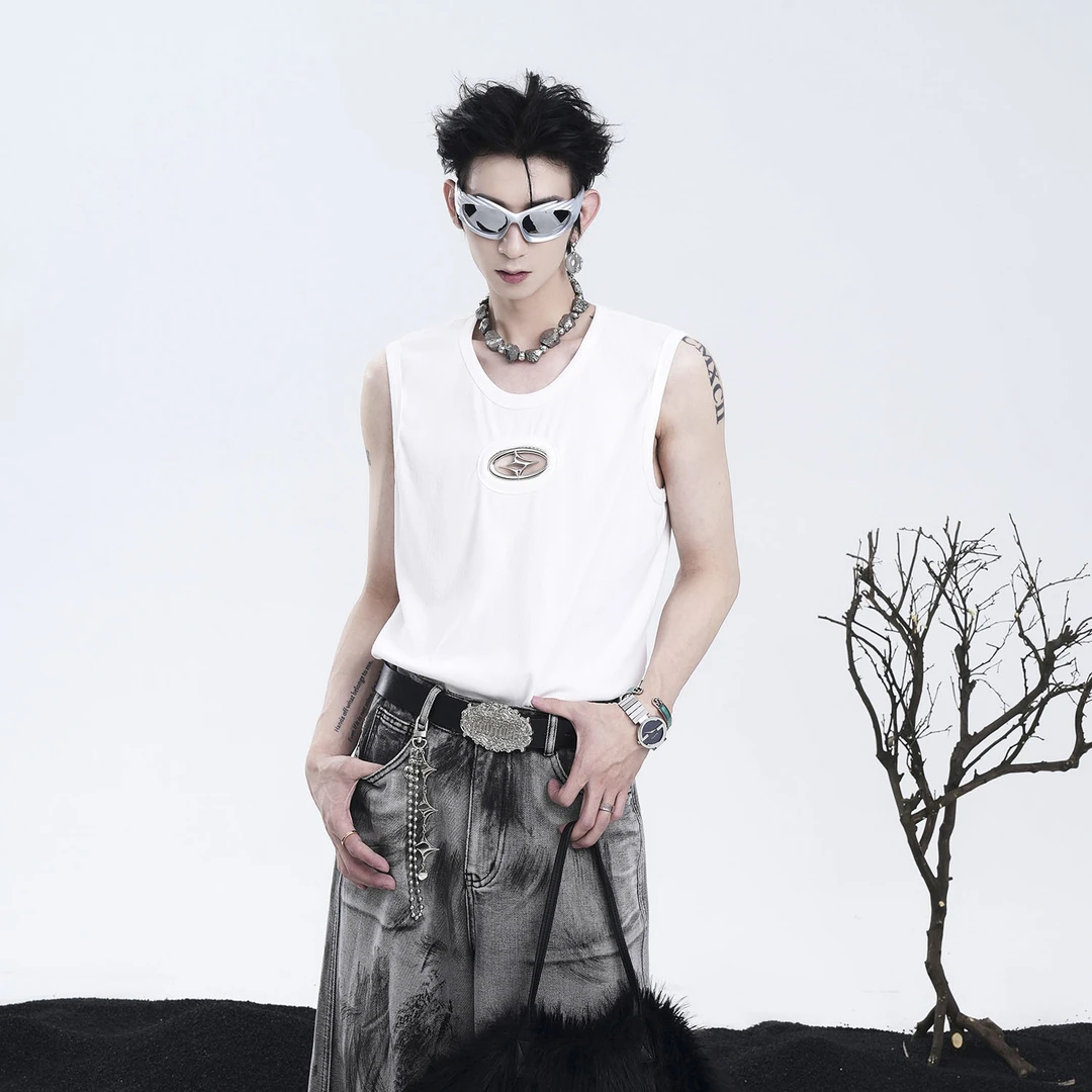 炒雪花水洗做旧美式高街镂空弹力内搭背心男夏季