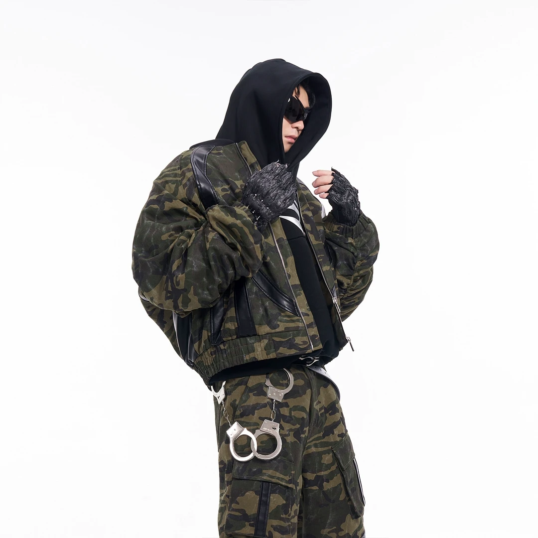 STARTEXCEEDEND 美式复古夹棉迷彩夹克外套男冬季短款拼皮棒球服