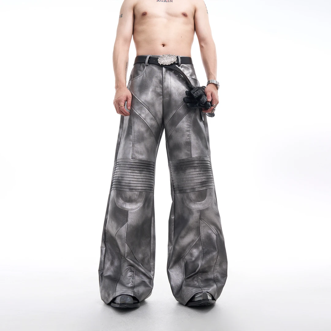 STARTEXCEEDEND液态先锋小众质感皮裤男秋冬褶皱结构设计直筒裤