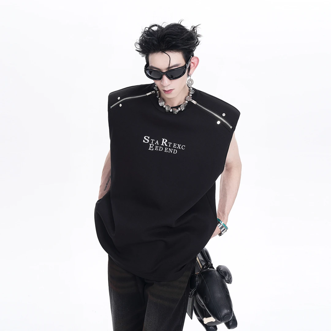 小众高级感解构设计无袖背心男夏季金属双拉链垫肩立体轮廓感坎肩