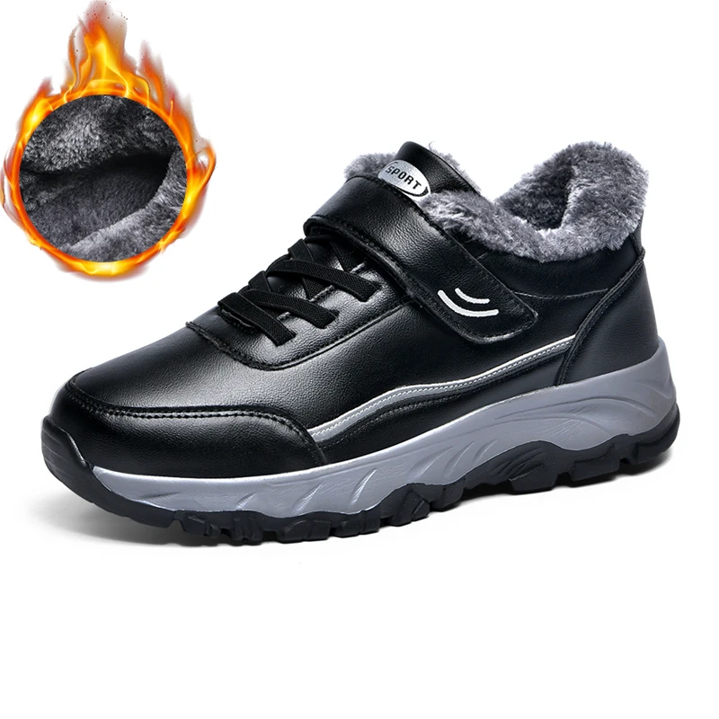 足力健步中老年鞋皮面防水2023冬季新款加绒保暖中老年健步鞋情侣