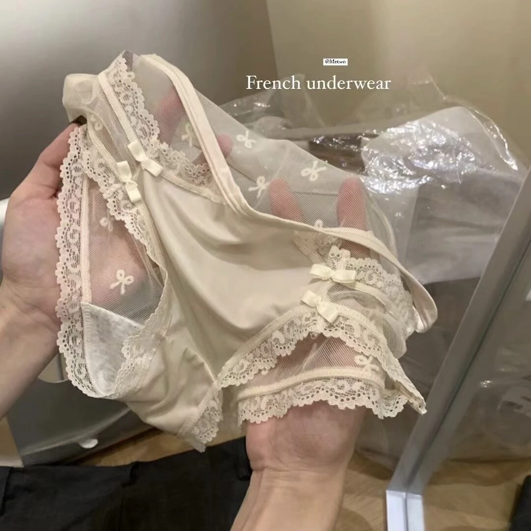 法式纯欲半透明蕾丝边蝴蝶结内裤女高弹舒适性感纯女士三角裤薄款