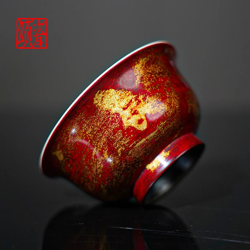 颂瓷【集合】非遗青瓷大漆茶杯赤雅金墨系列红色复古纯手工礼盒装