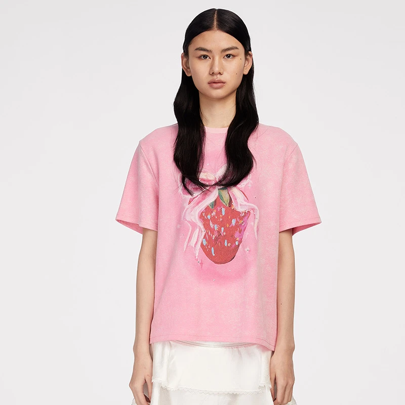 HERLIAN 夏季新品女士草莓蝴蝶结钉钻水洗T恤
