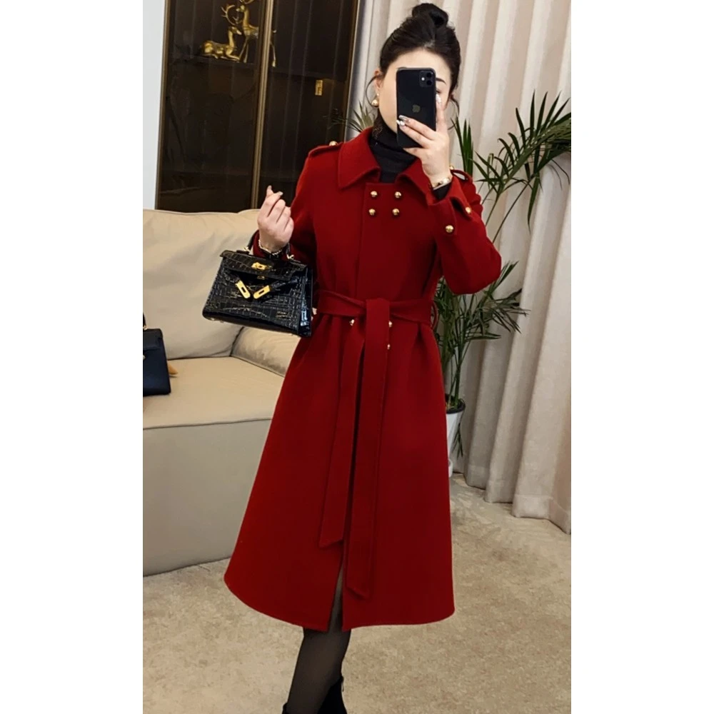 刘婷严选 气质双排小金扣中长款羊毛大衣