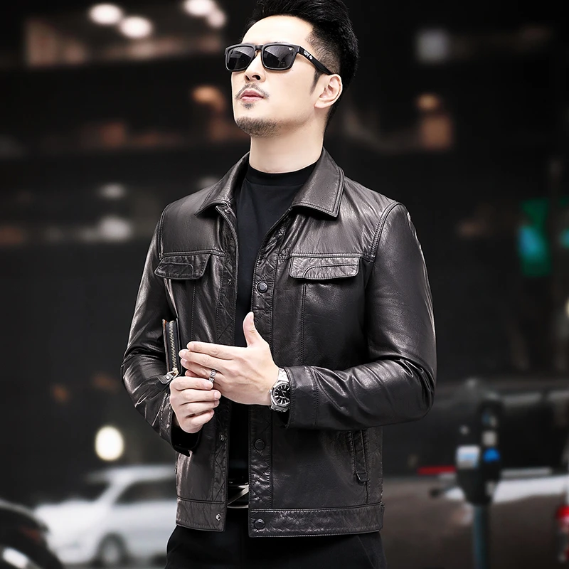 真皮皮衣男头层牛皮短款修身翻领春秋皮夹克外套韩版修身  225010