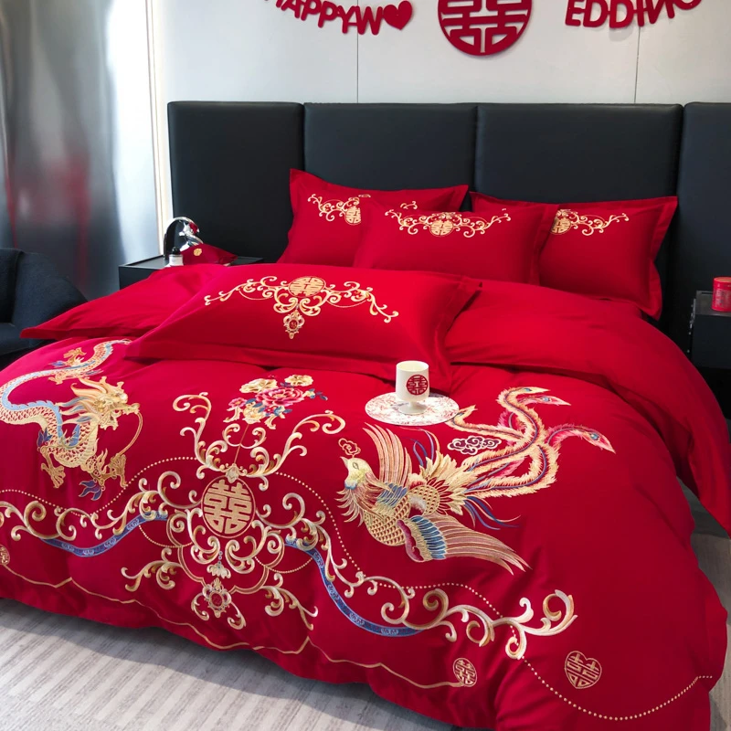 新婚庆结婚婚房陪嫁喜庆中式大红绣花被套床单婚被罩四件套