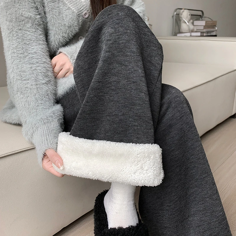 灰色羊羔绒糯米裤女秋冬2025新款加绒高腰直筒垂感加厚宽松阔腿裤