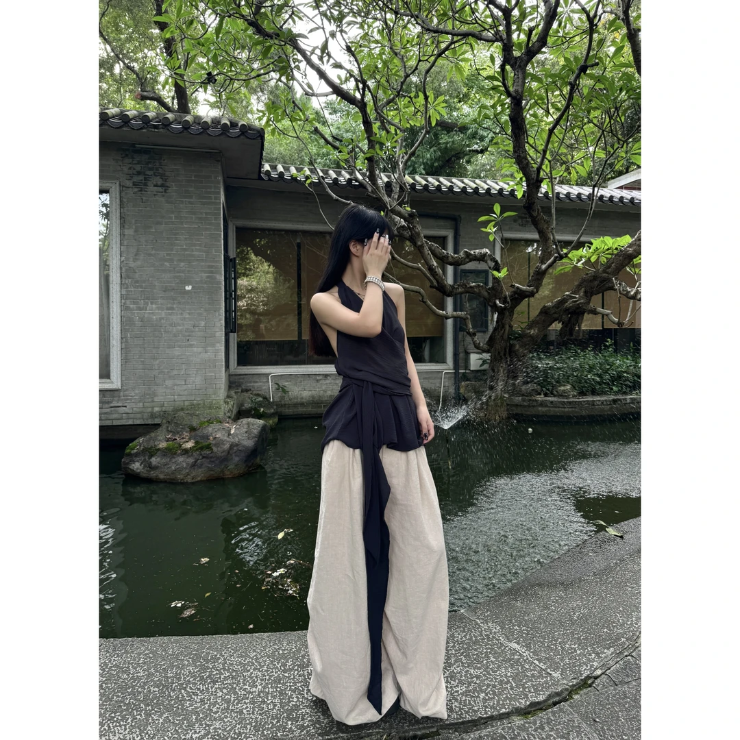 灯笼阔腿裤 宽松压褶拖地慵懒阔腿长裤设计感小众直筒垂感外穿