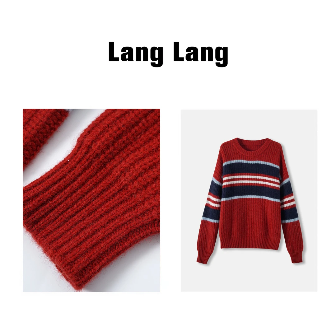 ”浣熊“红色圣诞撞色条羊毛衫纹女秋冬宽松慵懒风上衣