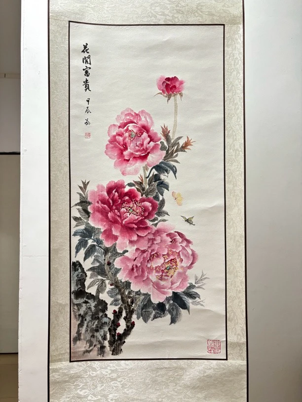 五联山水中堂画客厅装饰画鸿运当头花开富贵牡丹图挂轴40*115