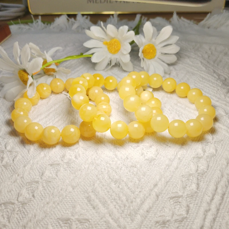 约13mm俄料鸡油黄白花纹蜜蜡圆珠单圈手串多样性发一