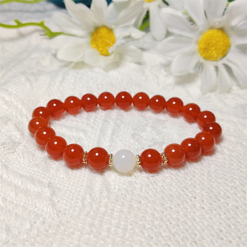约8mm红玛瑙圆珠搭白玛瑙圆单珠铜配件手串