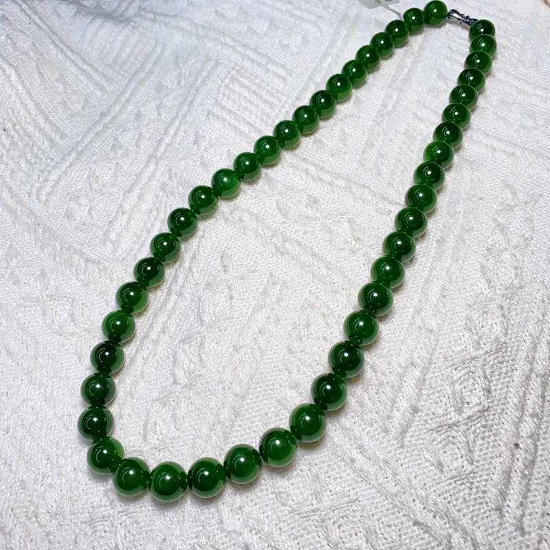 约10mm高品菠菜绿碧玉圆珠项链