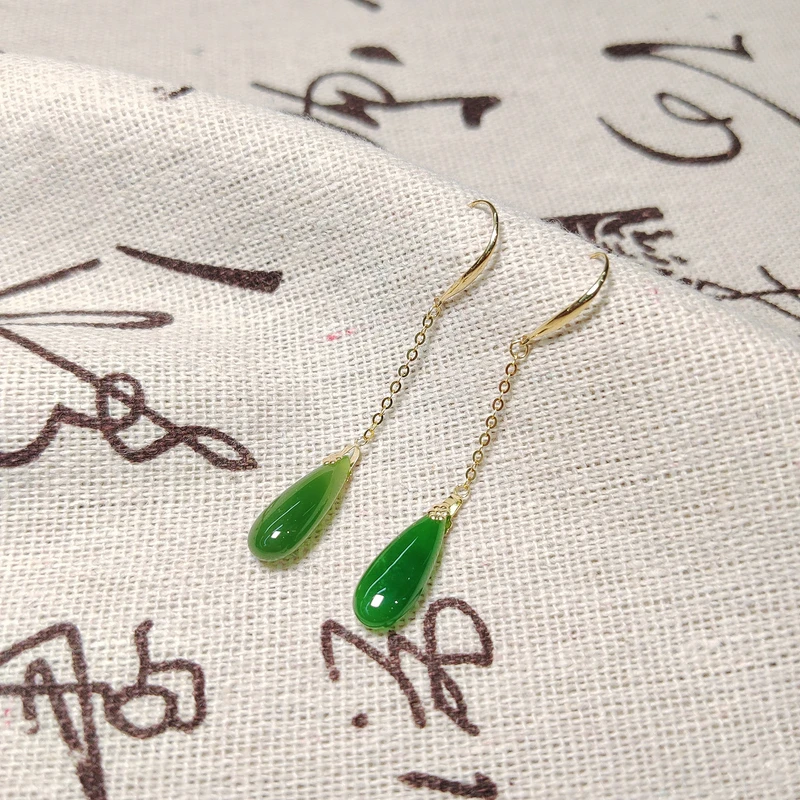 约6*15mm和田玉碧玉双面水滴耳钩