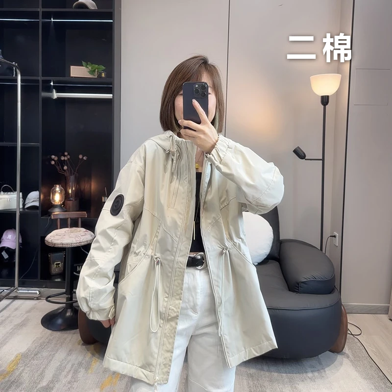 二棉休闲中长款冲锋衣外套女时尚宽松双拉链欧货秋装新款夹棉外套