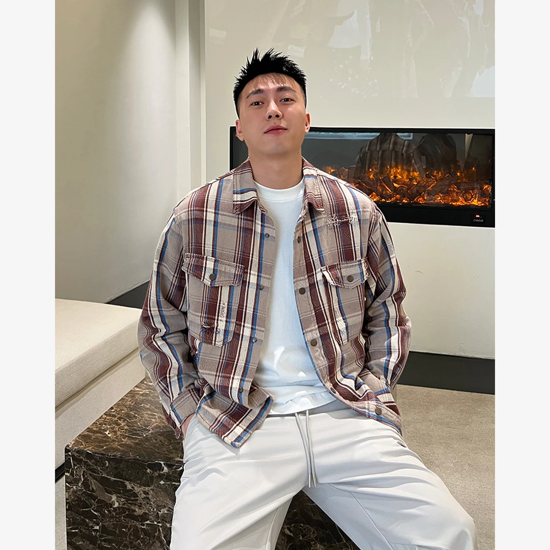 YIHAO STUDIO秋季新款男士复古格子衬衫休闲宽松潮流长袖衬衣外套