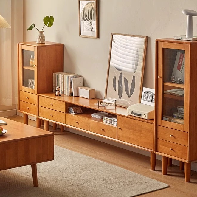 全实木电视柜樱桃木色客厅家用地柜储物边柜日式茶几电视机柜组合