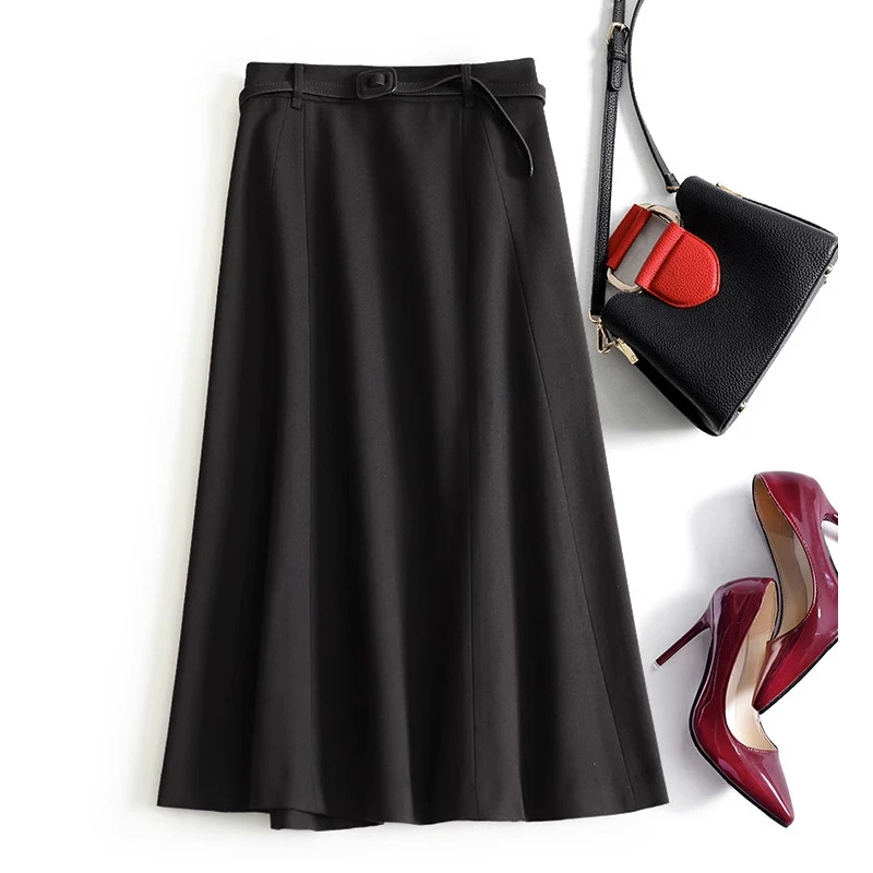 高级羊毛混纺气质赫本高腰伞裙女显瘦半身裙秋冬西装中长款小黑裙