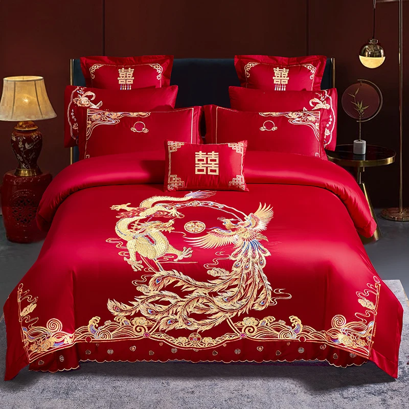 水星新款家纺床裙绣边双面长绒棉婚庆绣花结婚婚房四件套床上用品