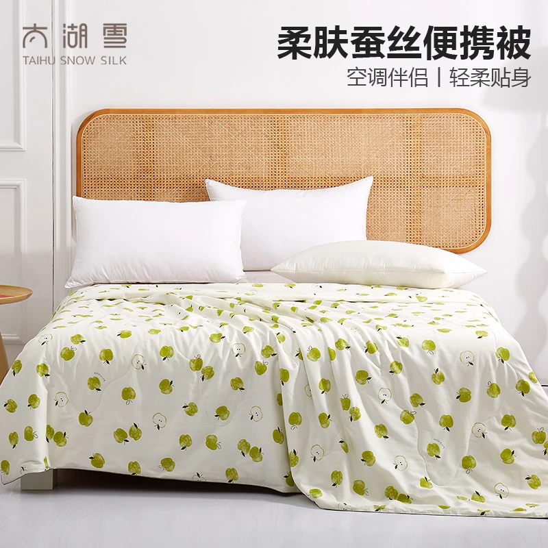 太湖雪夏日青苹100%蚕丝柔肤透气便携被可爱薄款空调被