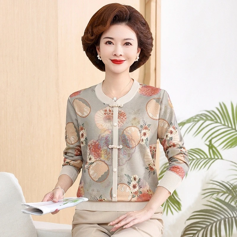 新中式妈妈装2024新款秋款弹力针织衫长袖套头上衣中老年女装